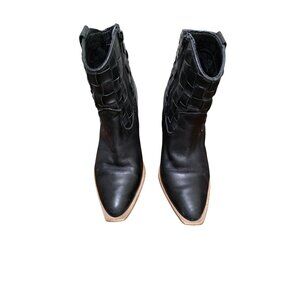 Matisse Black Leather Pointed Toe Ankle Boots Woven Detail Block Heel Size 6M